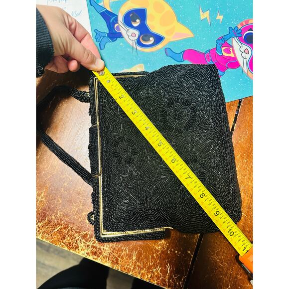 Vintage 70s/80s Black Beaded Embroidered Clutch Closure Beaded Handled Handbag - Picture 10 of 12